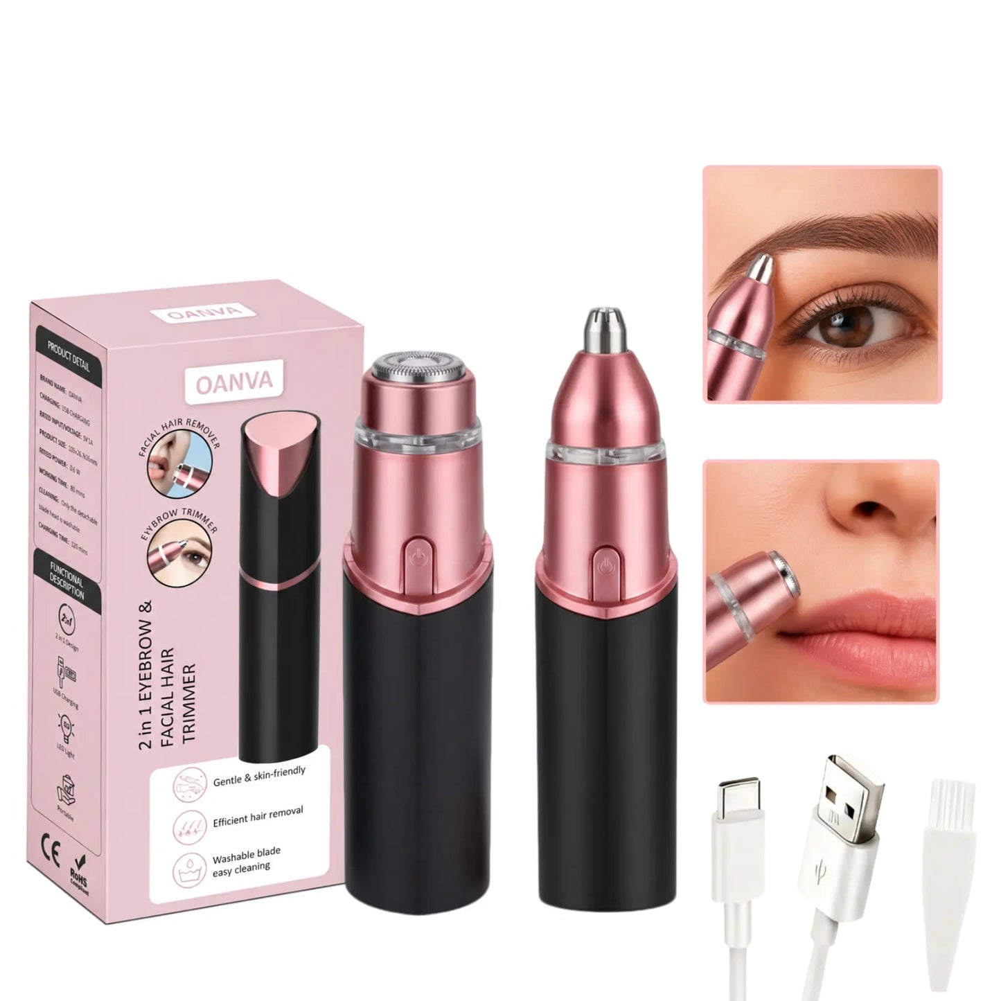 OANVA 2 in 1 Facial & Eyebrow Hair Trimmer for Women, Rechargeable Face Razor, Lip & Peach Fuzz Remover, Precision Eyebrow Shaper, Portable Painless Hair Removal Tool.Summerwins Dealsforyoudays,Summerhairstyles,Dorm Essentials